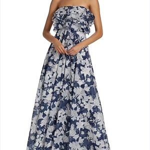 Sachin + Babi Navy and White Strapless Floral Gown